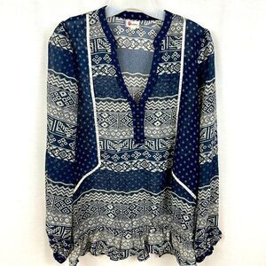 Long sleeve semi sheer boho/Aztec polkadot print blouse